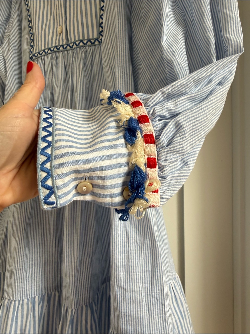 Tuckernuck Light Blue Striped Tiered Dress with Red & Navy Tassels - Picture 3 of 6